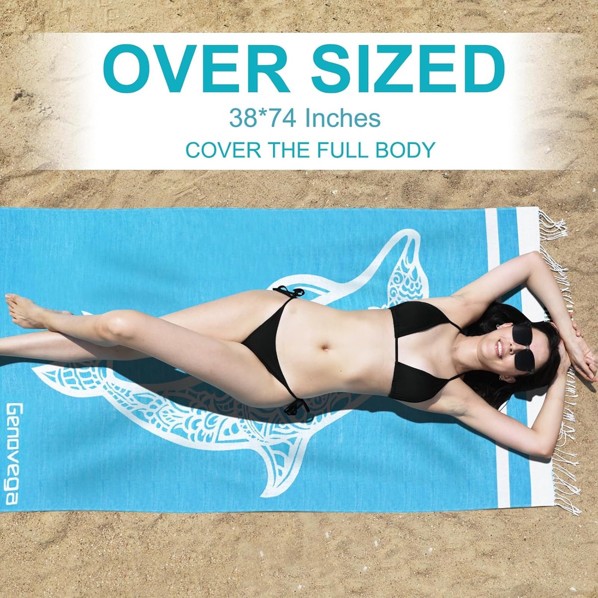 Genovega Cotton Turkish Beach Towel, Blue Dolphin, view 2