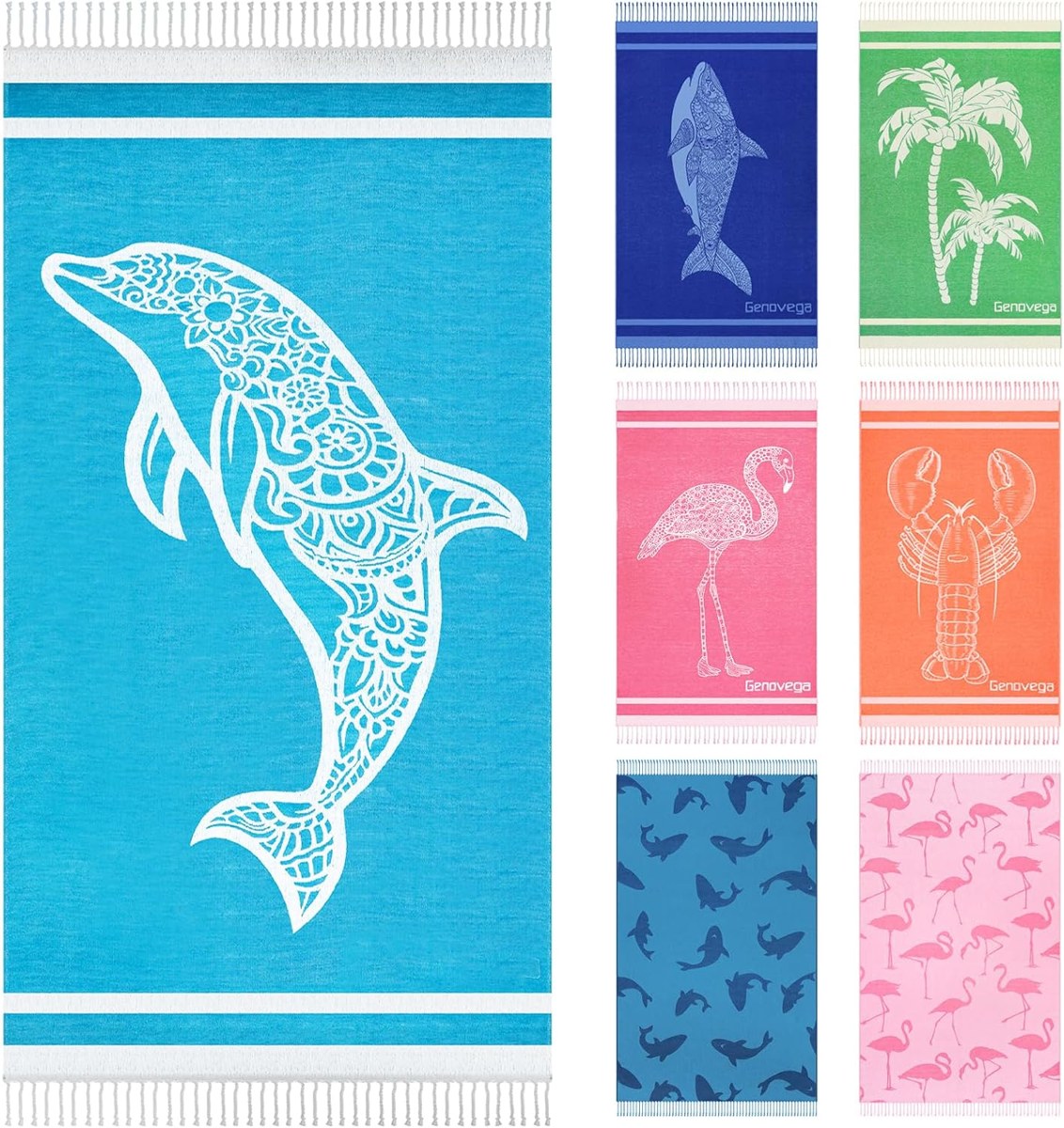 Genovega Cotton Turkish Beach Towel, Blue Dolphin
