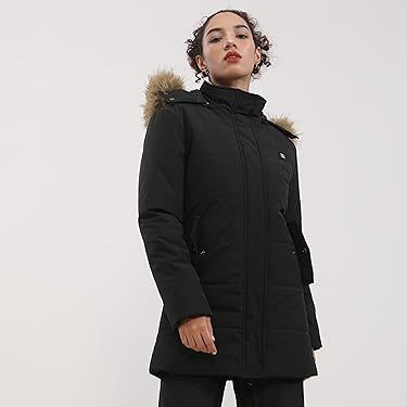 Long black Genovega heated parka with fur trim