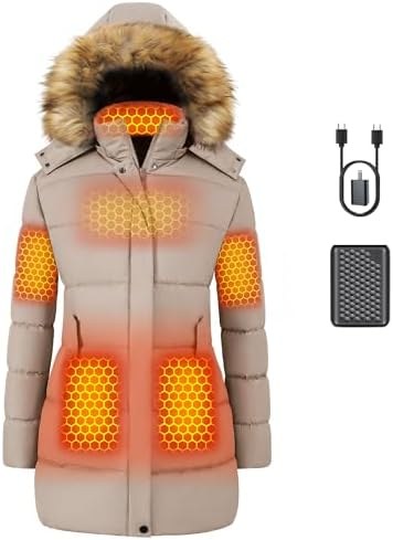 Long Heated Puffy Coat for Women, Battery Included, Option 7