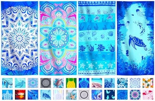 Microfiber Beach Towels 6-Pack, Double-Sided Prints, 4 Packs Bohemian Blue Turtle Starfish