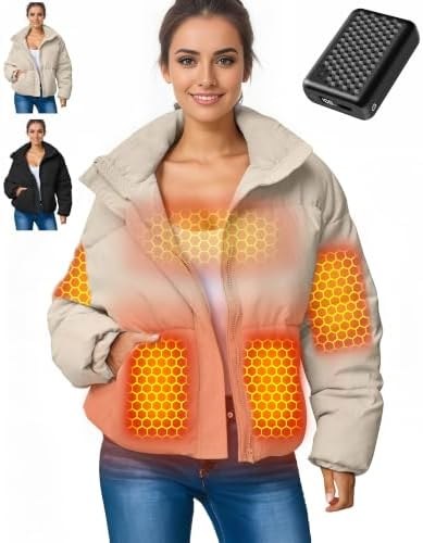 Short Heated Puffer Jacket for Women, 12V 18400mAh, Option 1