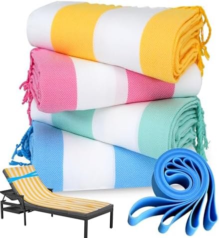 Sand-Free Turkish Beach Towel Set, 4 Yellow Pink Green Blue Stripe