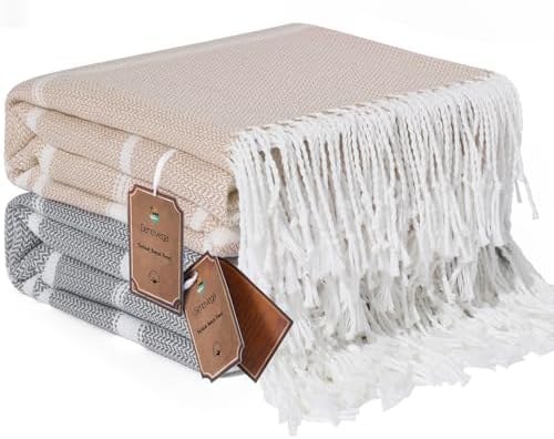 Turkish Beach Towels 2-Pack, Sand Free, 2 Pack Beige Dark Gray