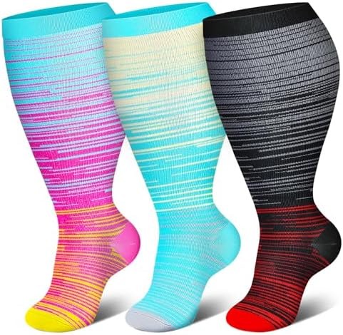 Wide Calf Compression Socks 3-Pack, Striped-green Black Pink